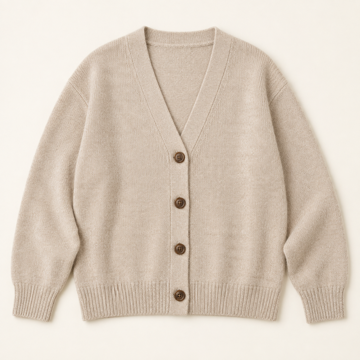 AI-generert testbilde: beige Luna Easy Cardigan med V-hals og brune knapper på lys bakgrunn.