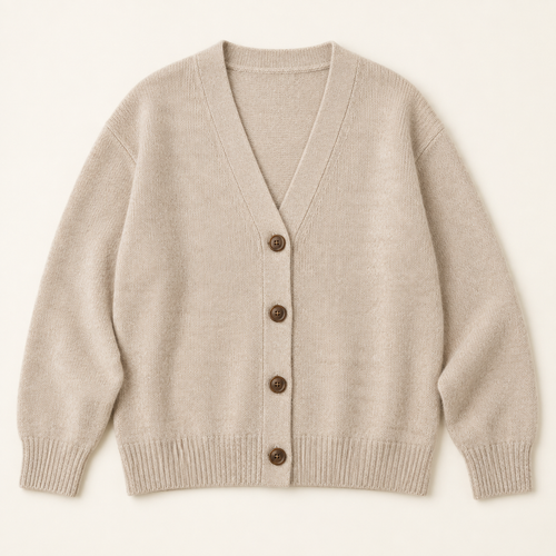 AI-generert testbilde: beige Luna Easy Cardigan med V-hals og brune knapper på lys bakgrunn.
